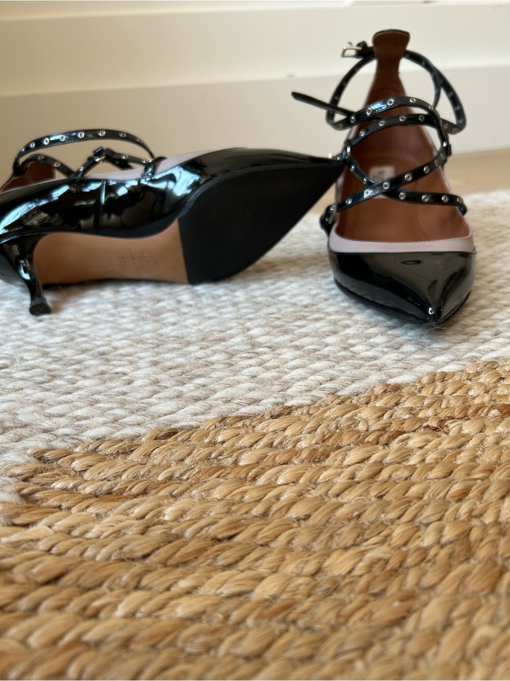 Valentino Strappy Pointed Patent Kitten Heels in Black and Taupe - Picture 4 of 6